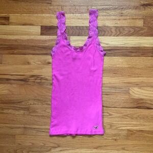 Preppy 2000s Pink Ribbed Hollister Tank Top Lace Trim Y2K Bella Swan Cotton